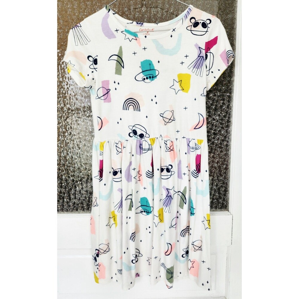 Cat & Jack Girls L 10/12 Space Print Dress • Pockets • Planets Stars Rainbows